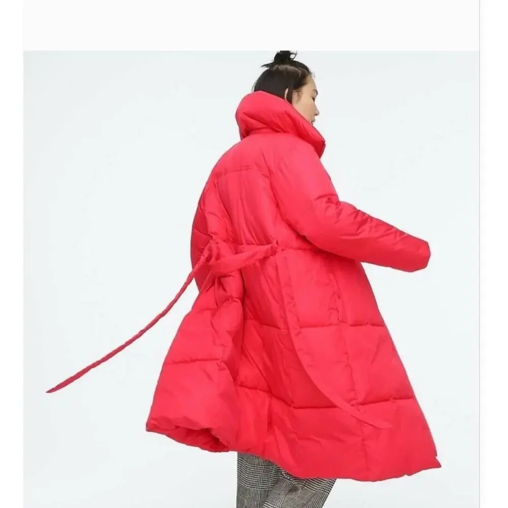 J Crew Long Belted Puffer Coat XS Rose Pink Puffy Insulated Warm Cozy AF015